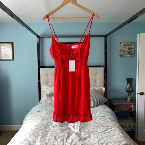 Lovers + Friends Garner Dress in Paradise Red Tie Bust Smocked Waist Mini Sm - Picture 2 of 5